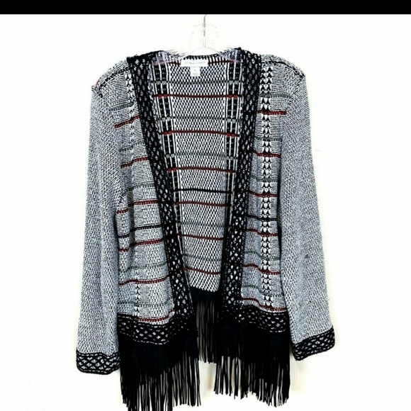 christopher & banks, open front fringe black & white cardigan sweater, XL - Picture 2 of 16